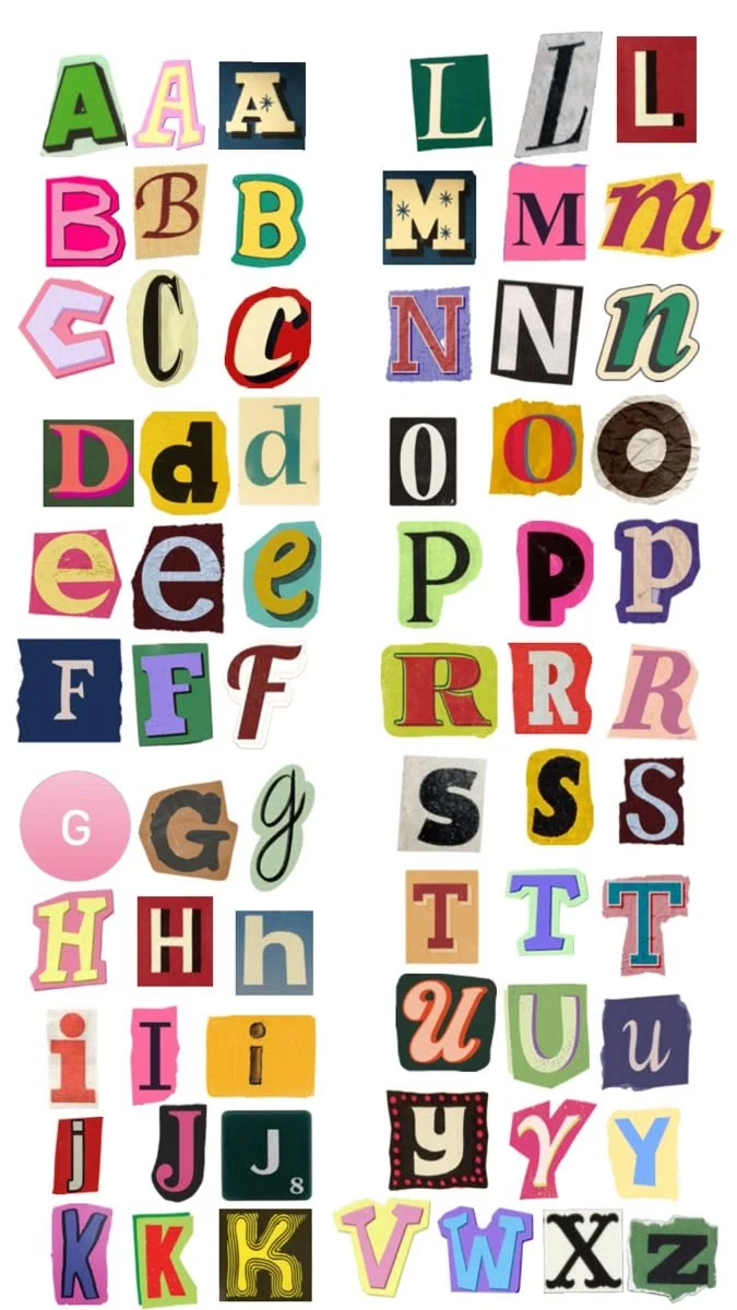 A scrapbook alphabet: three hand-cut variants of every letter from A to Z, in mixed colours and typefaces.