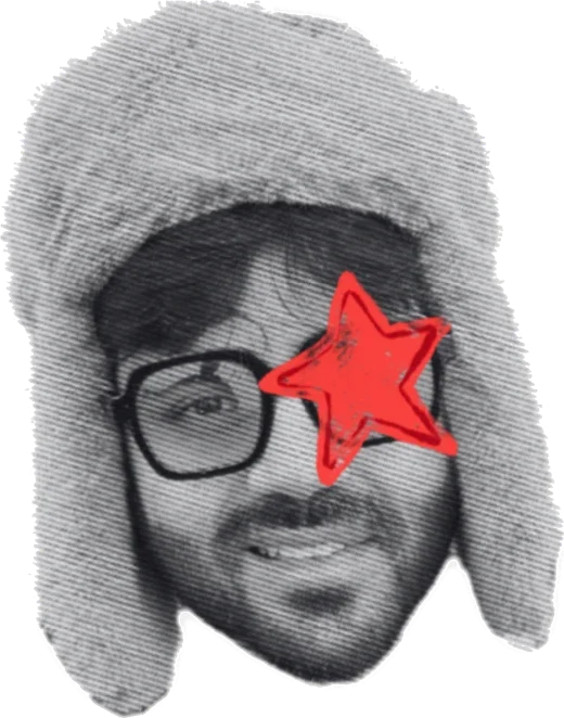 Shrey in a fur hat, a red star drawn over one eye