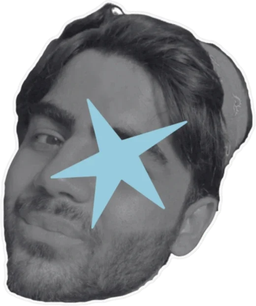 Shrey half-smiling in a cap, a blue star drawn over one eye