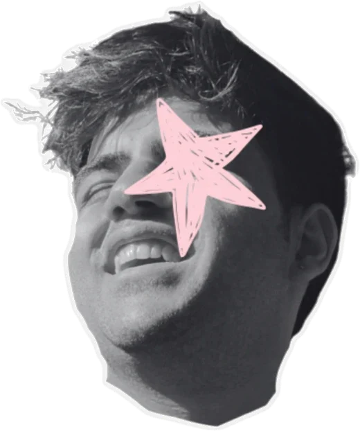 Shrey laughing, a pink star drawn over one eye