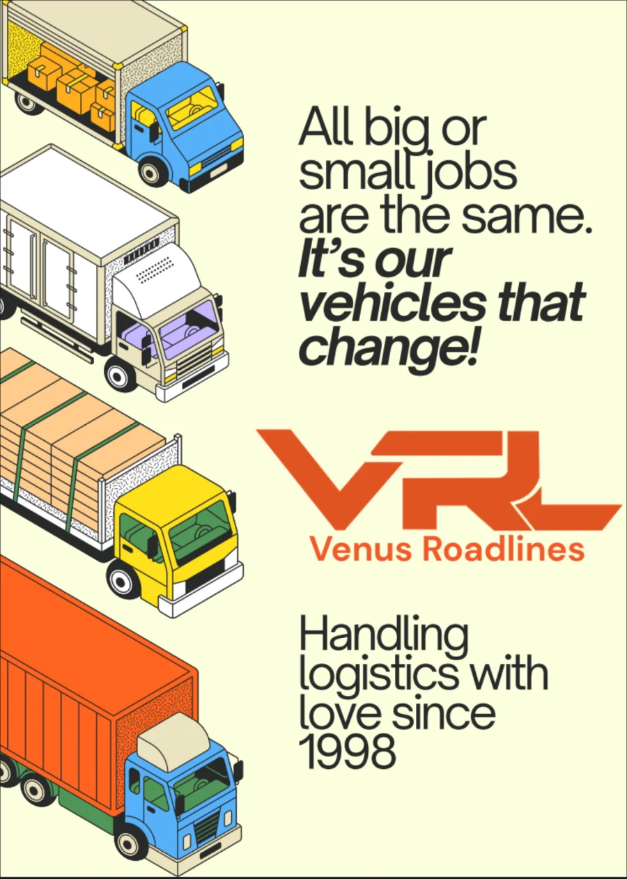 The Venus Roadlines poster: the VRL logotype with the tagline All big or small jobs are the same, it is our vehicles that change, over an illustrated fleet.